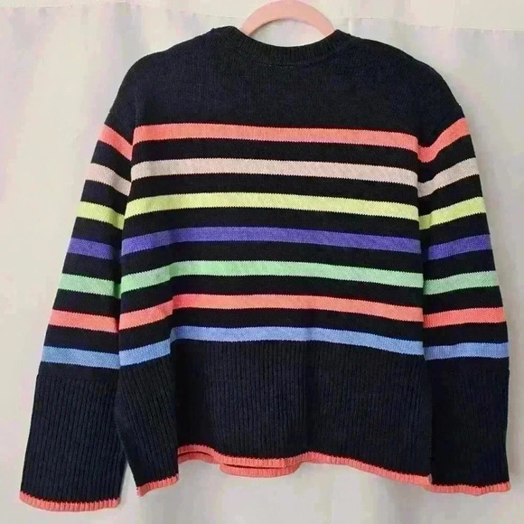 😍 NWOT 😍 Gap 24/7 Split-Hem Cotton Crewneck Sweater, Navy w/ Multi Stripe, XS - Picture 2 of 9